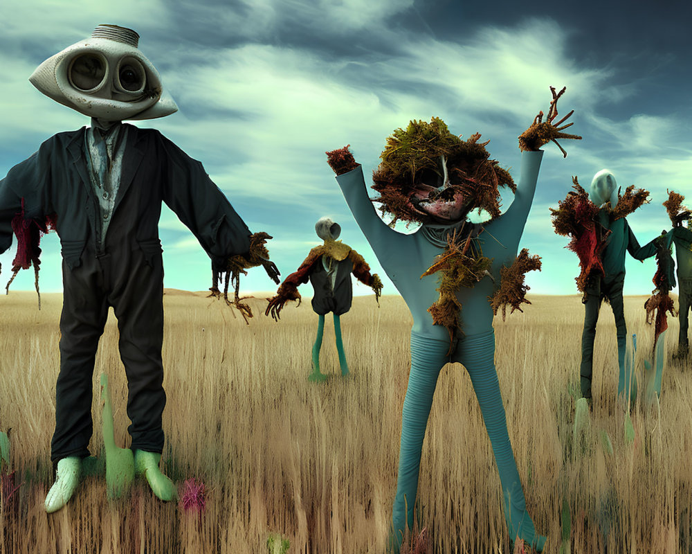 Whimsical scarecrows with alien heads in surreal landscape