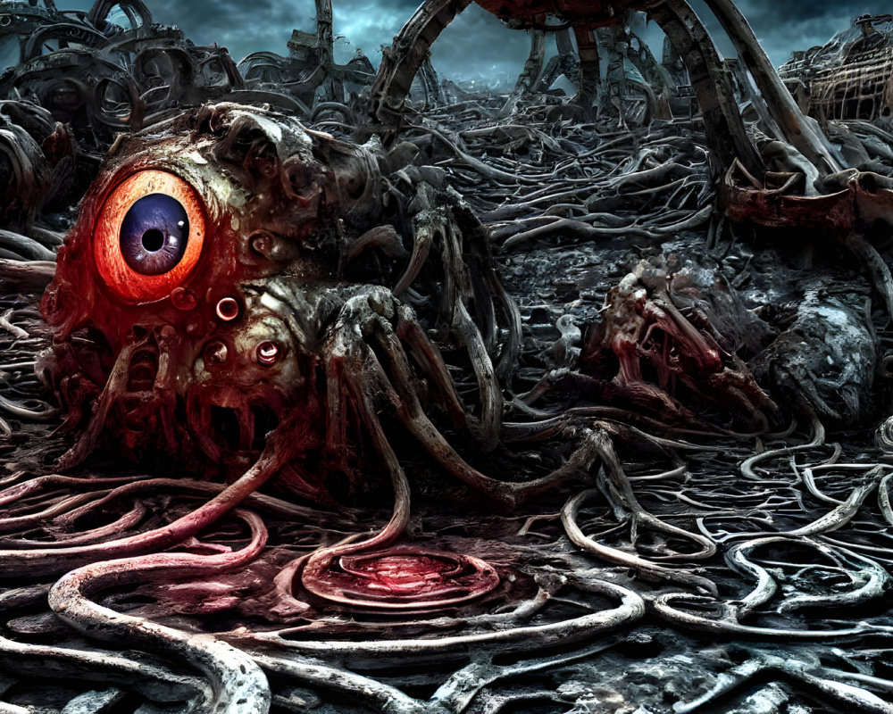 Grotesque creature with one eye and tentacles in industrial wasteland