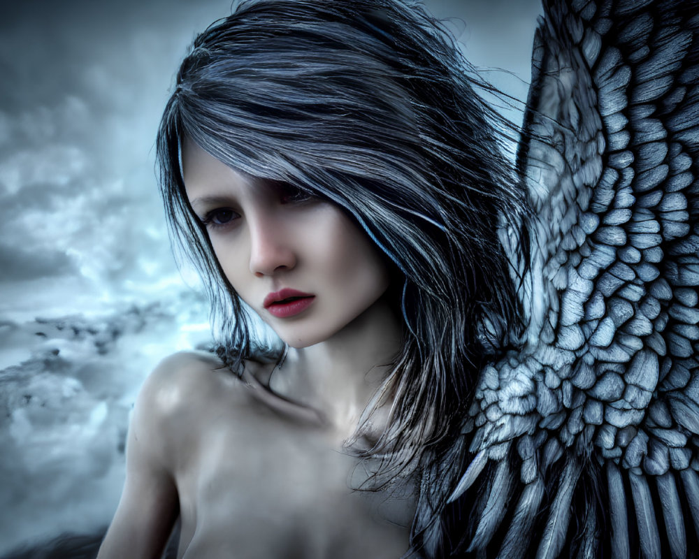 Woman with black feathered wings and intense gaze in stormy sky setting