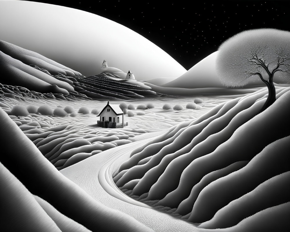 Monochrome landscape with small house, bare tree, rolling hills, and starry sky depicting tranquil winter