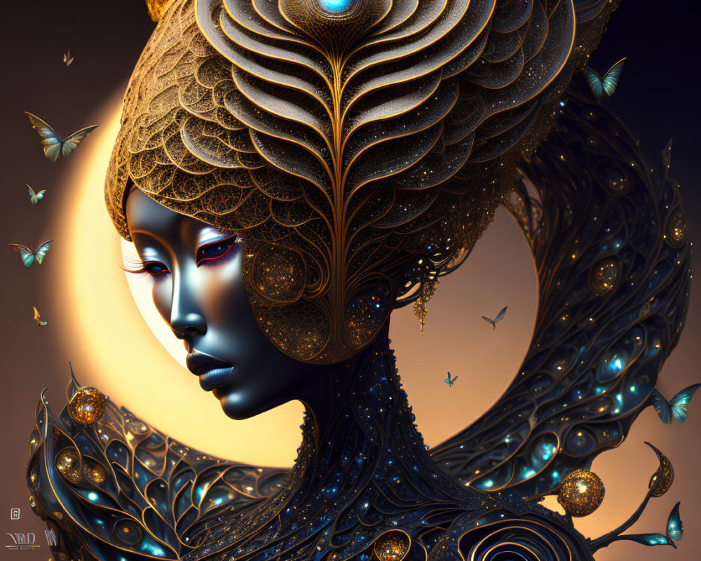 Regal figure digital artwork with peacock feathers, metallic sheen, and glowing eyes.