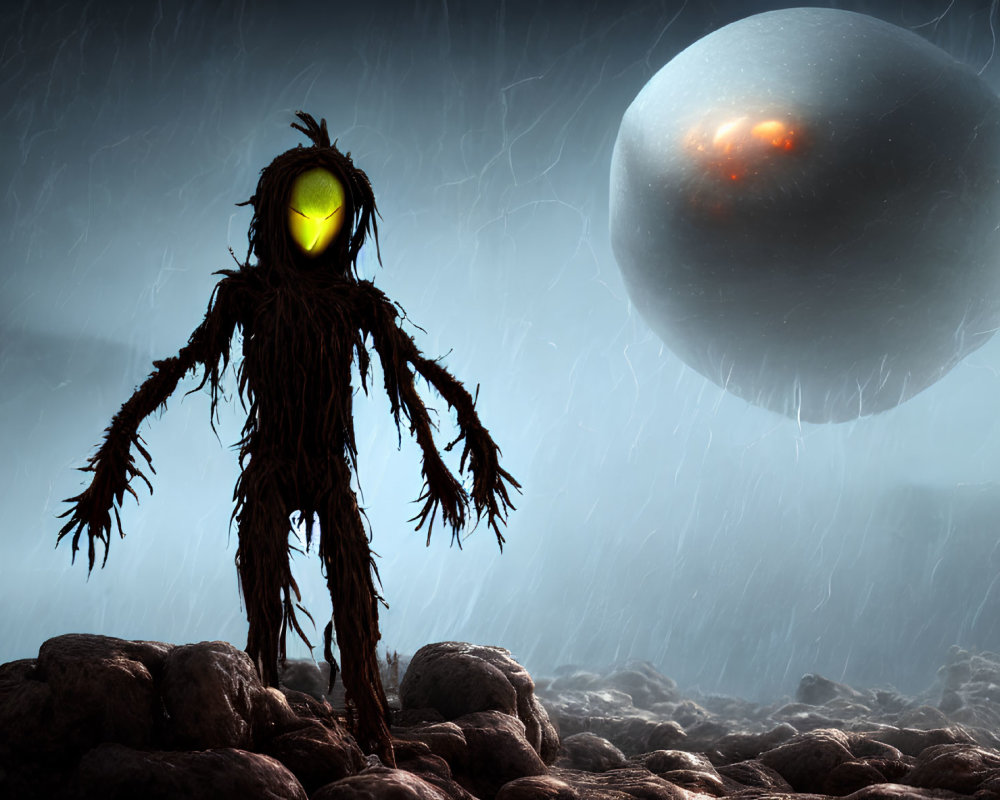 Stick figure with glowing eye in rain on rocky terrain with planet and comet in sky