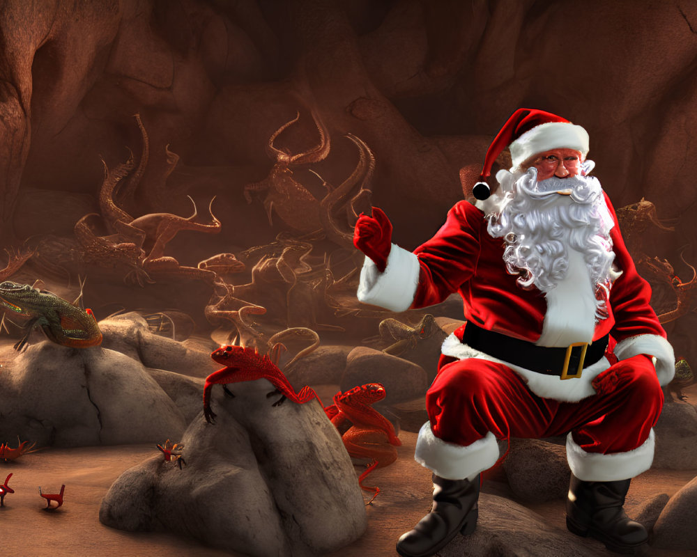 Santa Claus in cave with playful lizards and dragons, smiling with glasses.