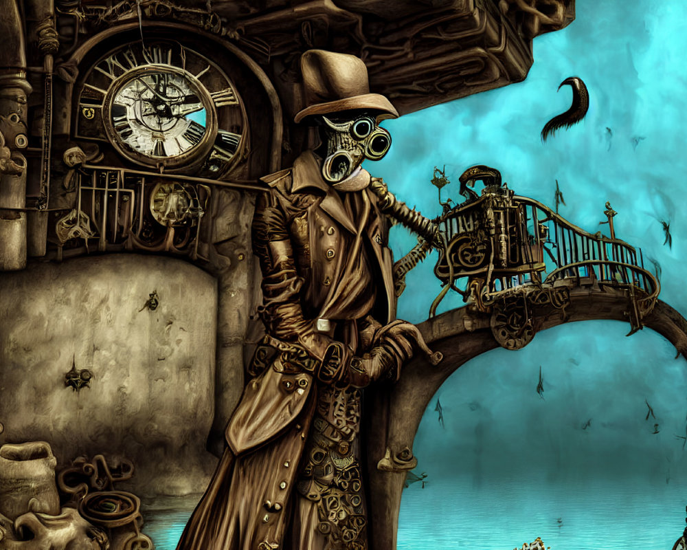 Steampunk-themed illustration of character with gas mask in vintage clothing by clock and ornate bridge in