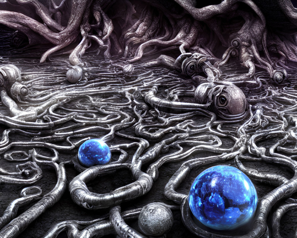 Surreal landscape with organic root-like structures and eye-like spheres