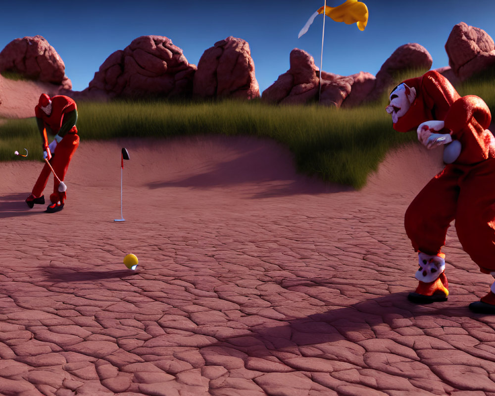 Animated clowns playing golf in desert with rocky formations