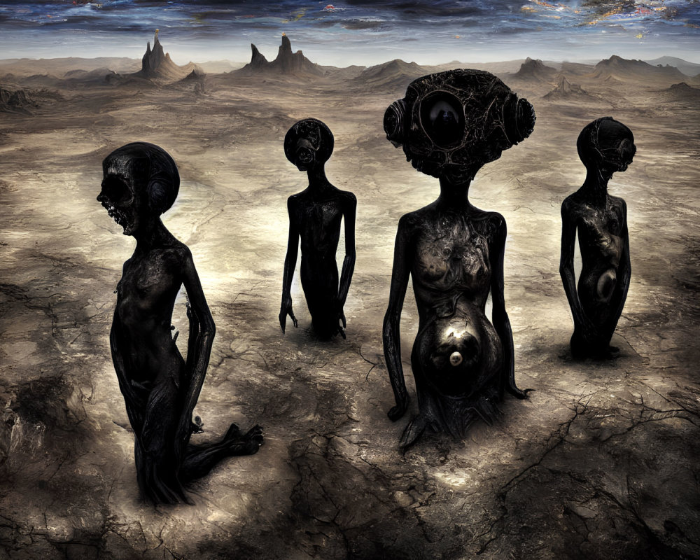 Alien-like figures in rocky landscape with diving helmet head