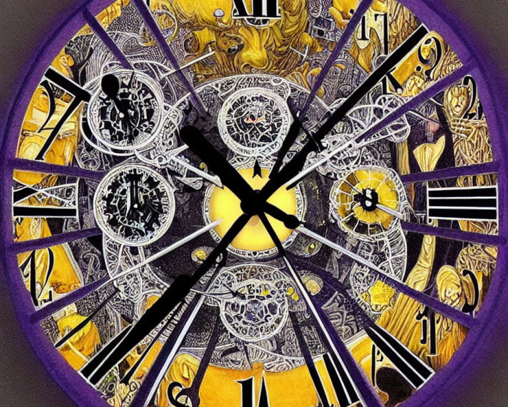 Intricate Gold and Black Roman Numeral Clock on Purple Background