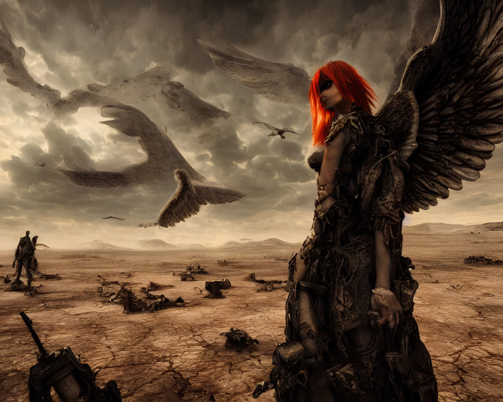 Winged figure with red hair in post-apocalyptic landscape