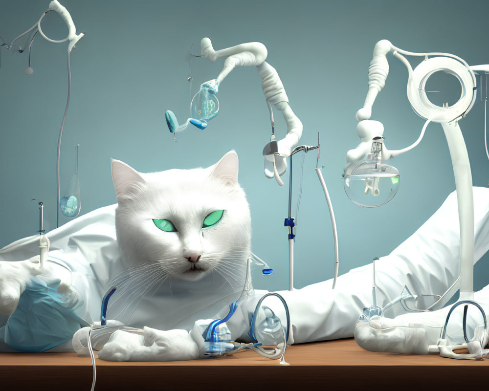 Surreal white cat with green eyes among floating medical tools