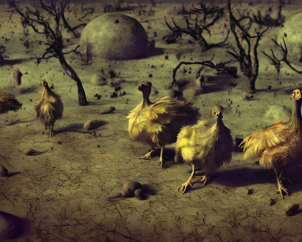 Emus in desolate landscape with eerie atmosphere