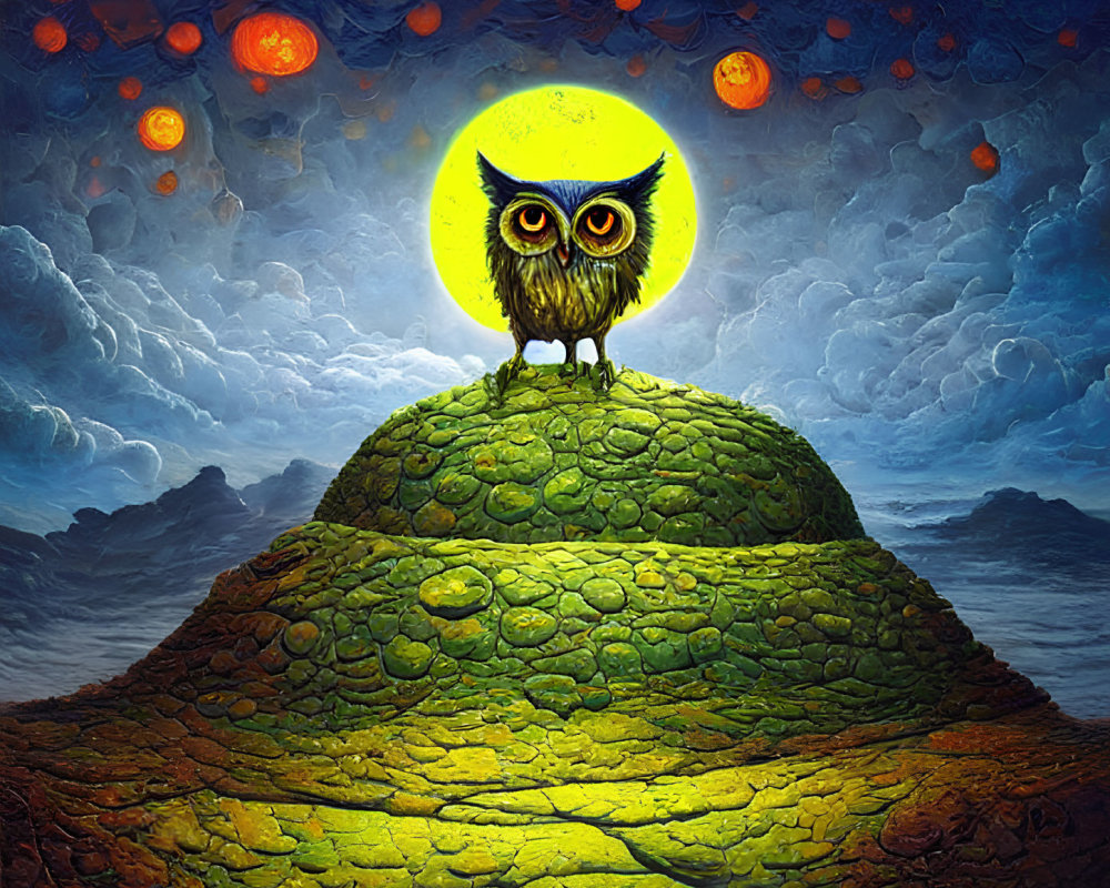 Glowing-eyed owl on green hill under yellow moon, with blue sky and orange moons.