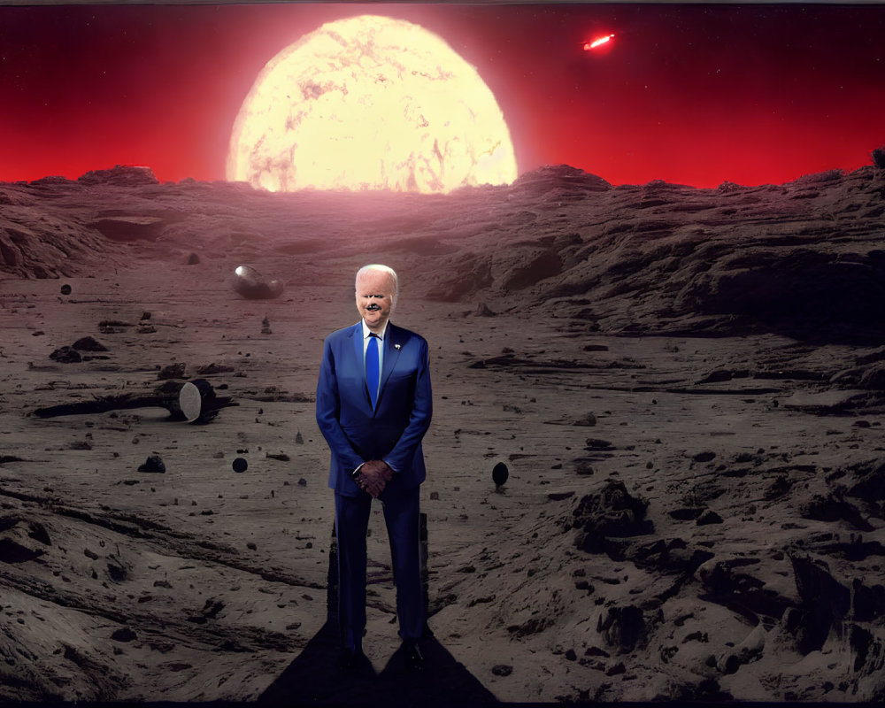 Business person on moon with planet and red sky