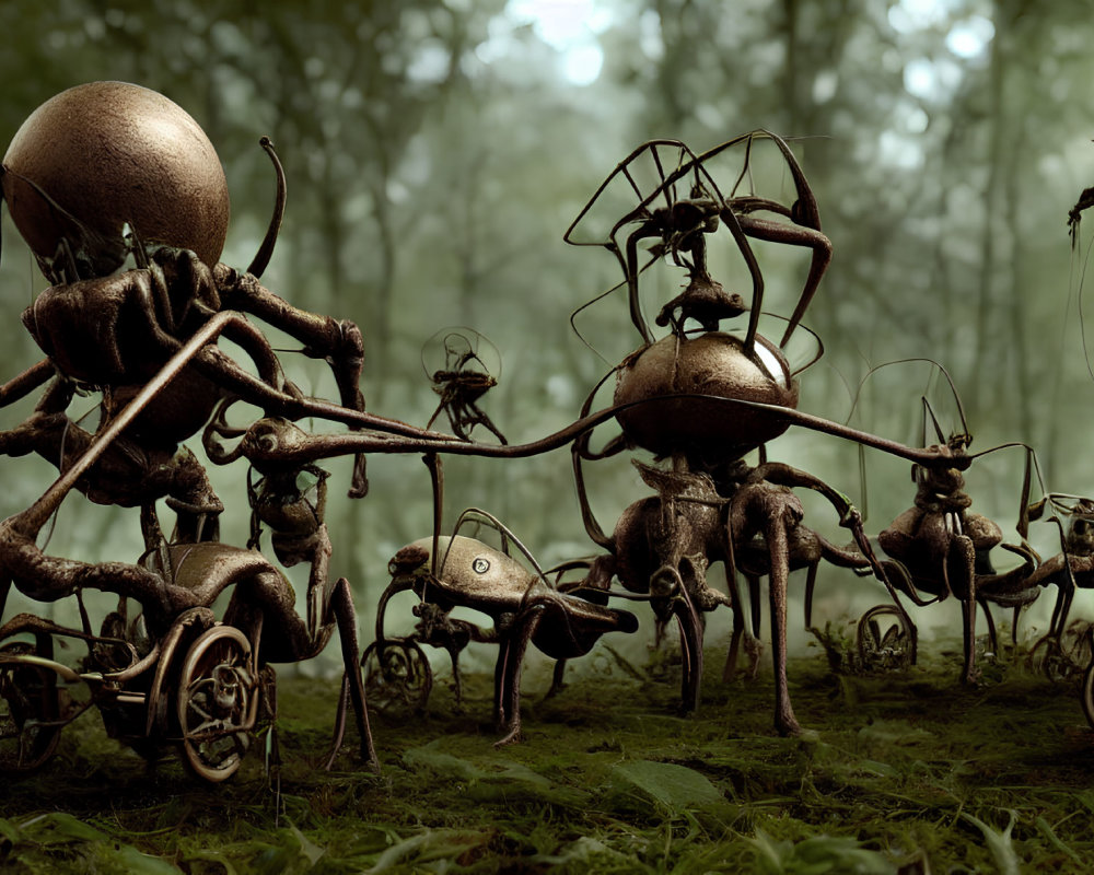 Mechanical Ants in Misty Forest with Steampunk Aesthetic