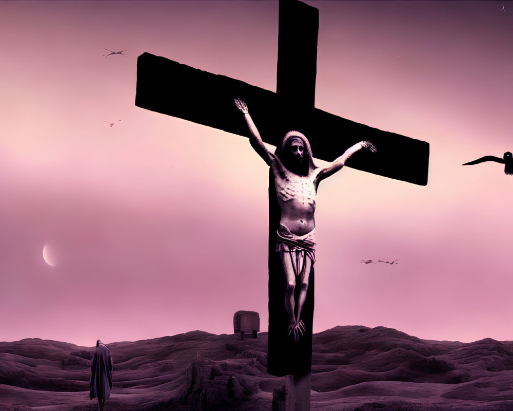 Purple-Tinted Surreal Landscape with Cross Figure and Moon