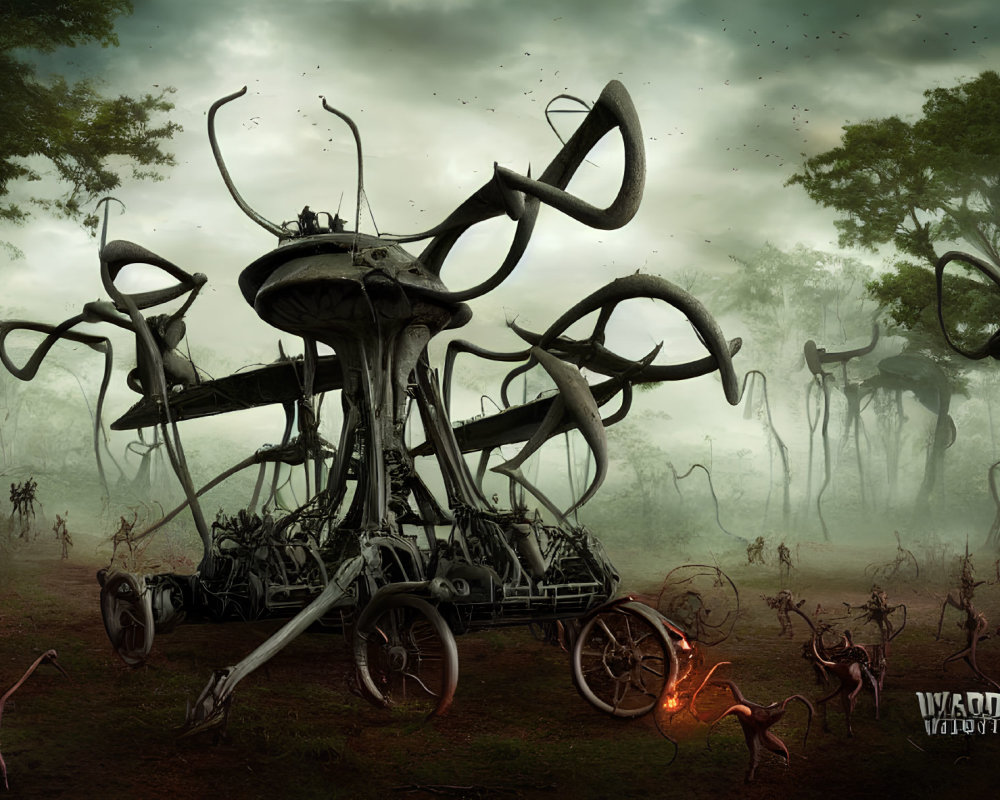 Sci-fi battlefield with mechanical tripod and towering machines in dark forest