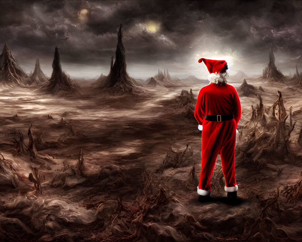 Santa Claus in desolate landscape with dark skies and rock formations