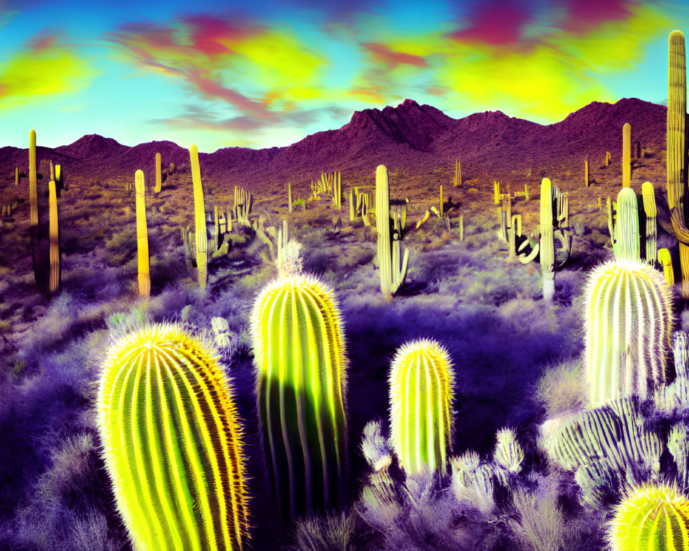 Colorful Desert Landscape with Cacti and Purple Shrubbery