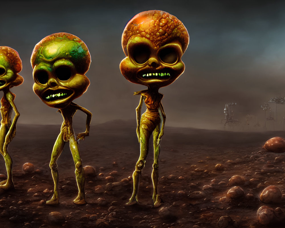 Three Cartoonish Extraterrestrial Creatures on Barren Terrain with Spacecraft