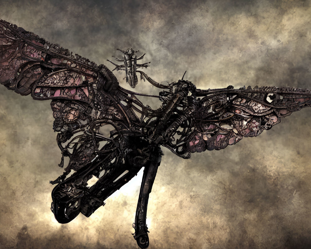 Intricately designed mechanical dragon against dramatic cloudy sky