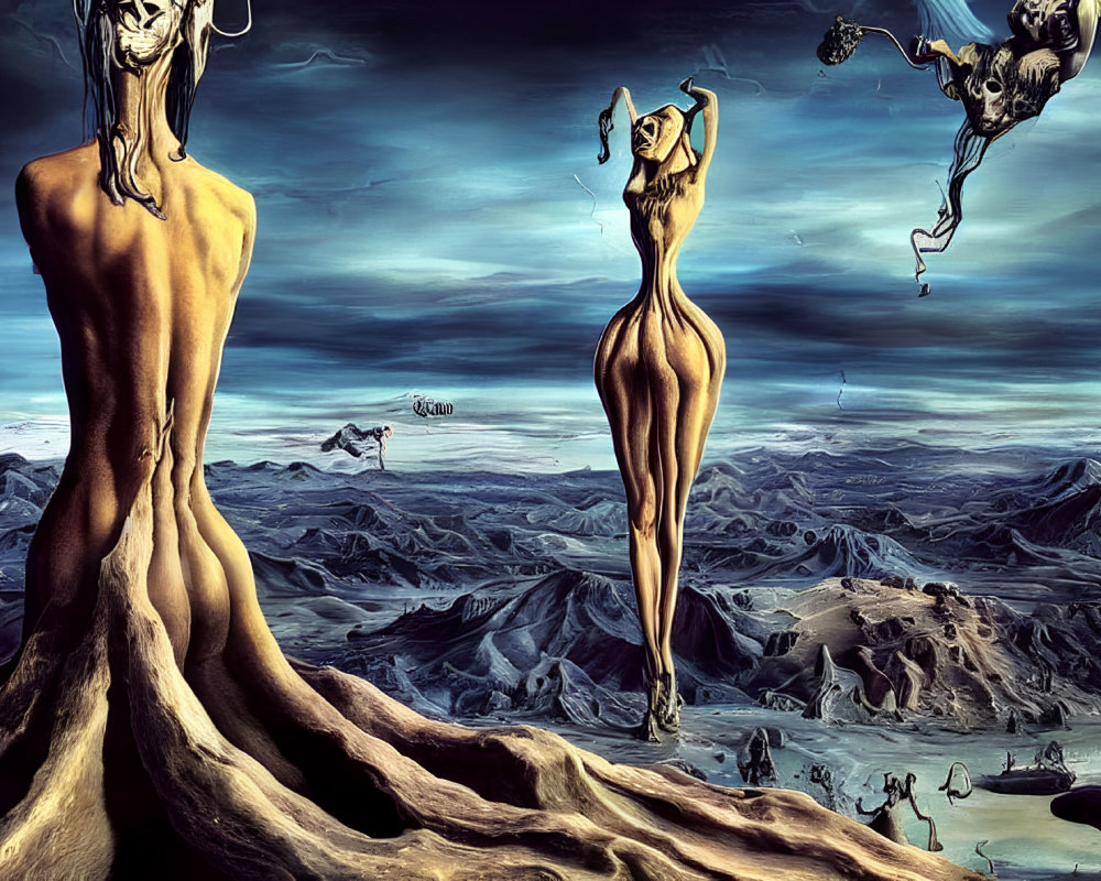 Elongated distorted human figures in surreal landscape