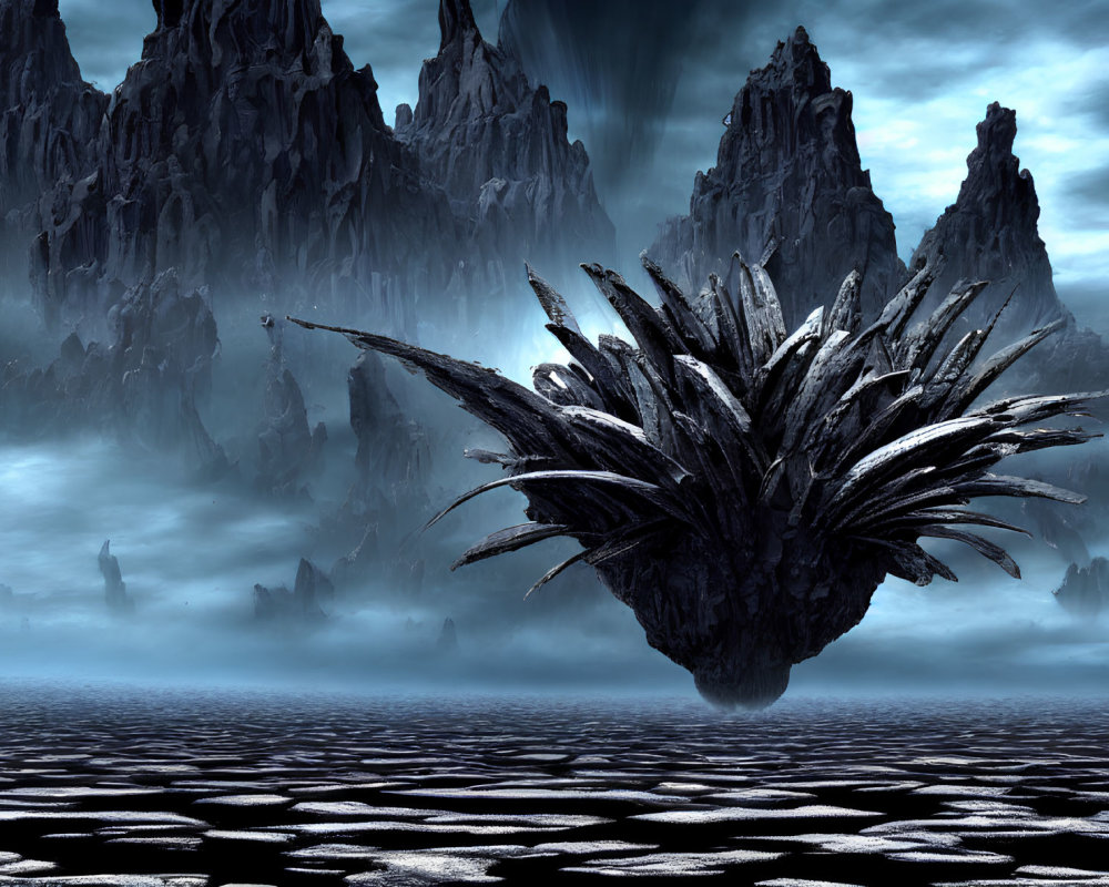 Surreal landscape with spiked shell-like structure and jagged mountains under blue sky