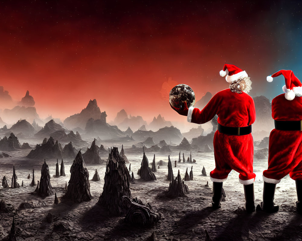 Santa Claus Costumes on Alien Landscape with Globe, Moon, and Red Nebula