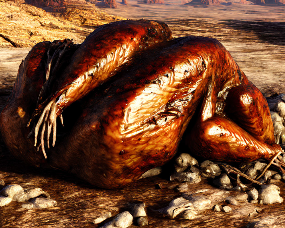 Roasted turkey on pebbles in arid rocky terrain