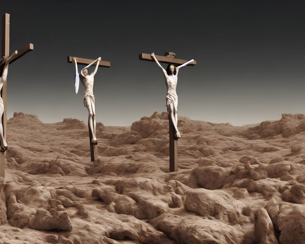 Barren landscape with three crucifixes and figures under hazy sky