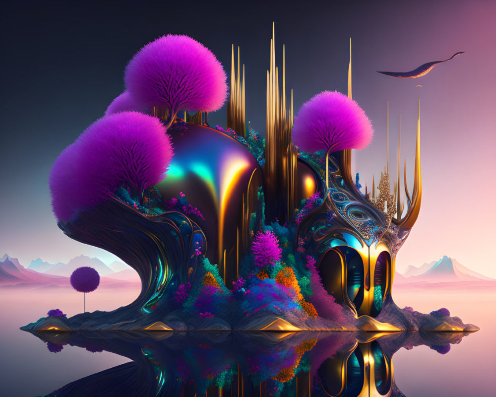 Surreal landscape with glossy organic structures and purple foliage