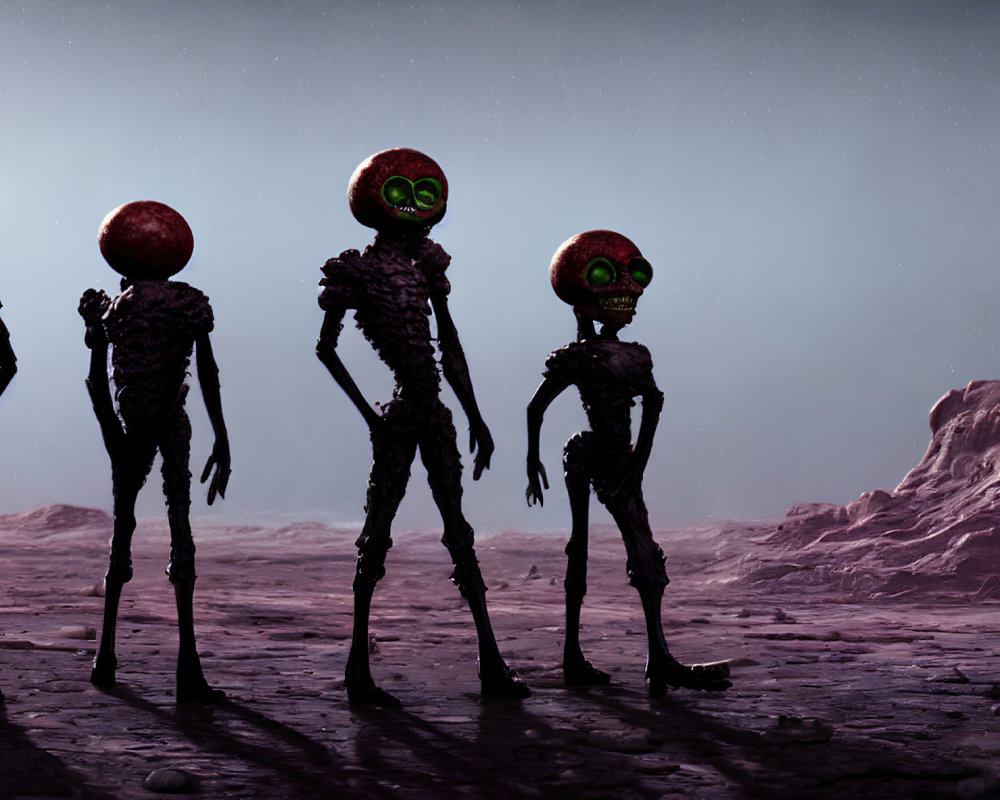 Four skeletal alien figures with green eyes on barren landscape