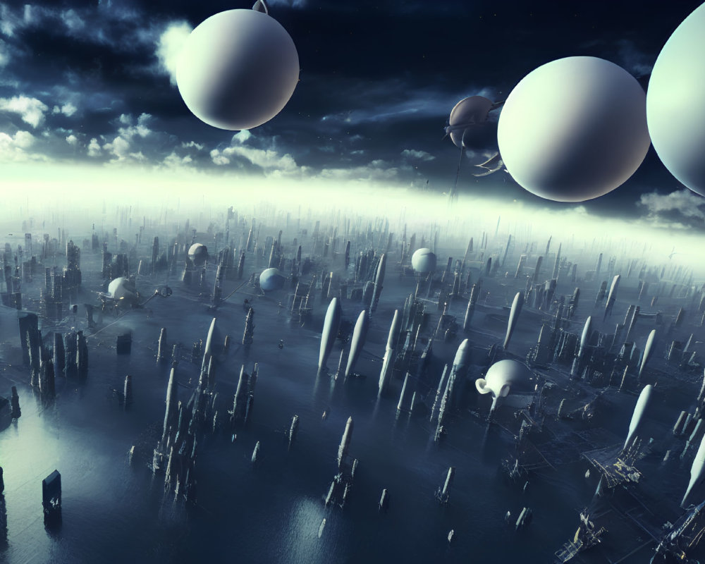 Futuristic cityscape with misty skyscrapers and floating spheres