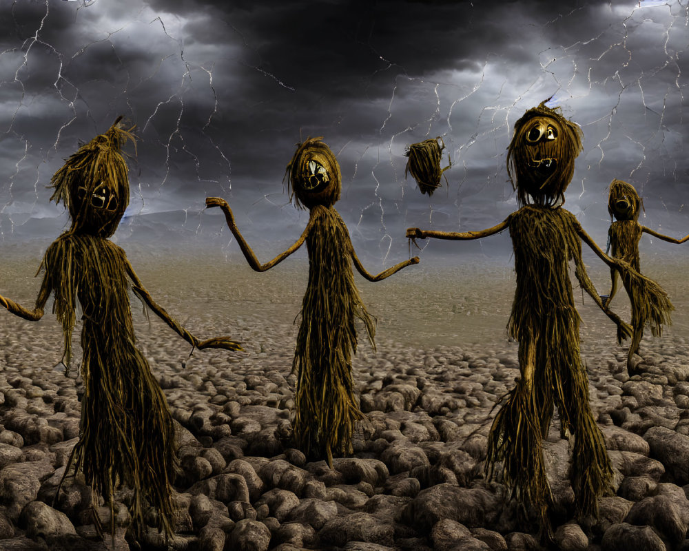 Eerie straw figures with humanoid features under stormy sky