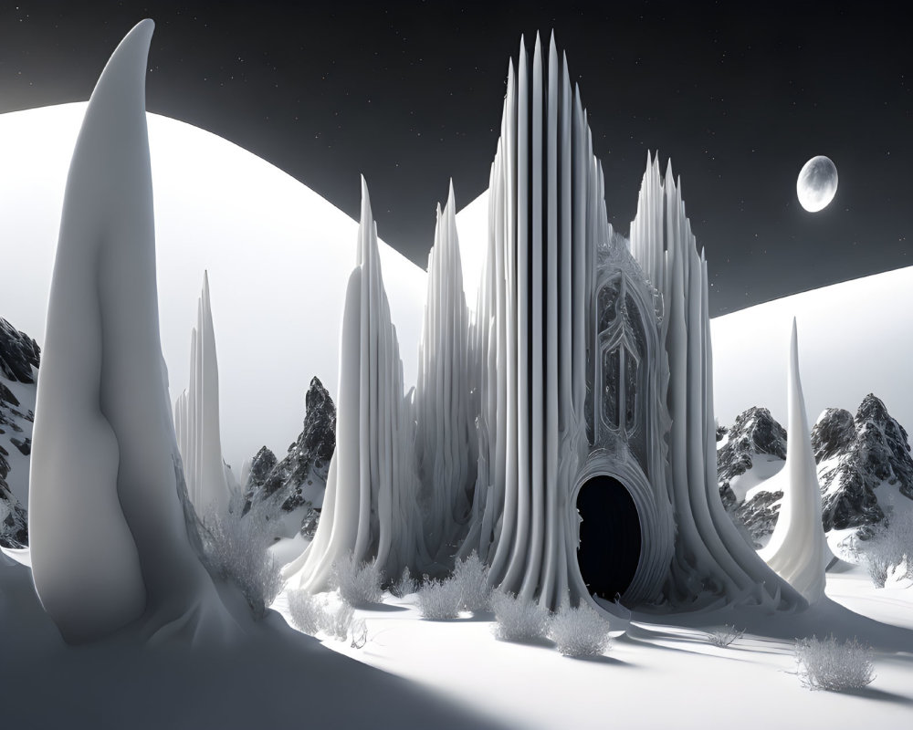 Monochromatic illustration of icy landscape with spire-like structure