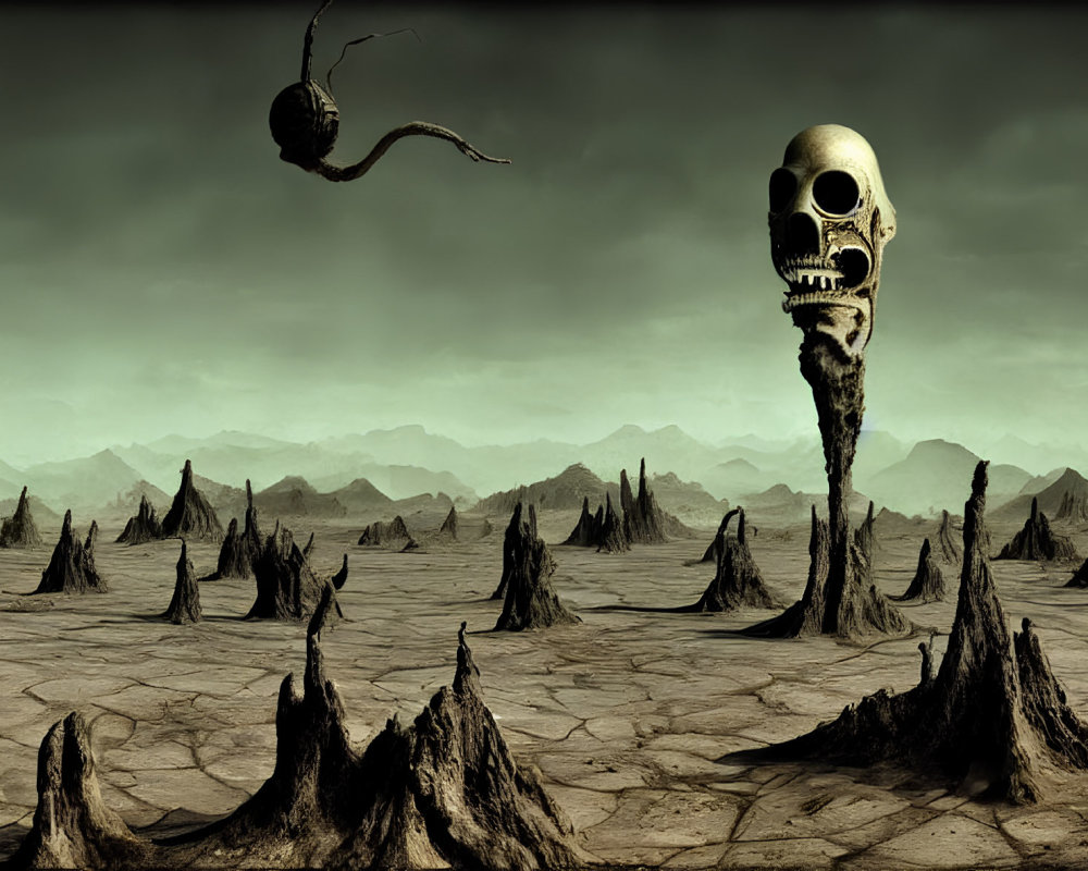 Desolate landscape with jagged peaks, skull on spire, and airborne entity.