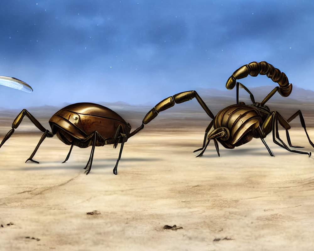 Metallic scorpions and robotic figure in desert under starry sky