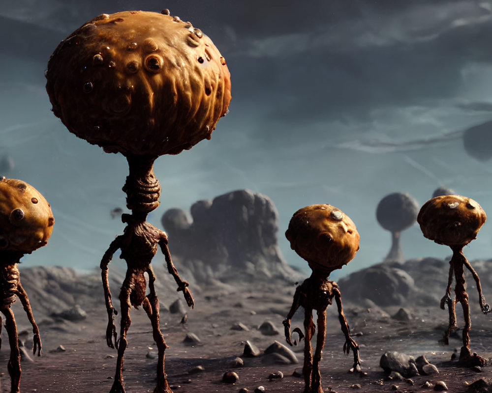 Surreal landscape featuring alien-like creatures on rocky terrain under dark sky.