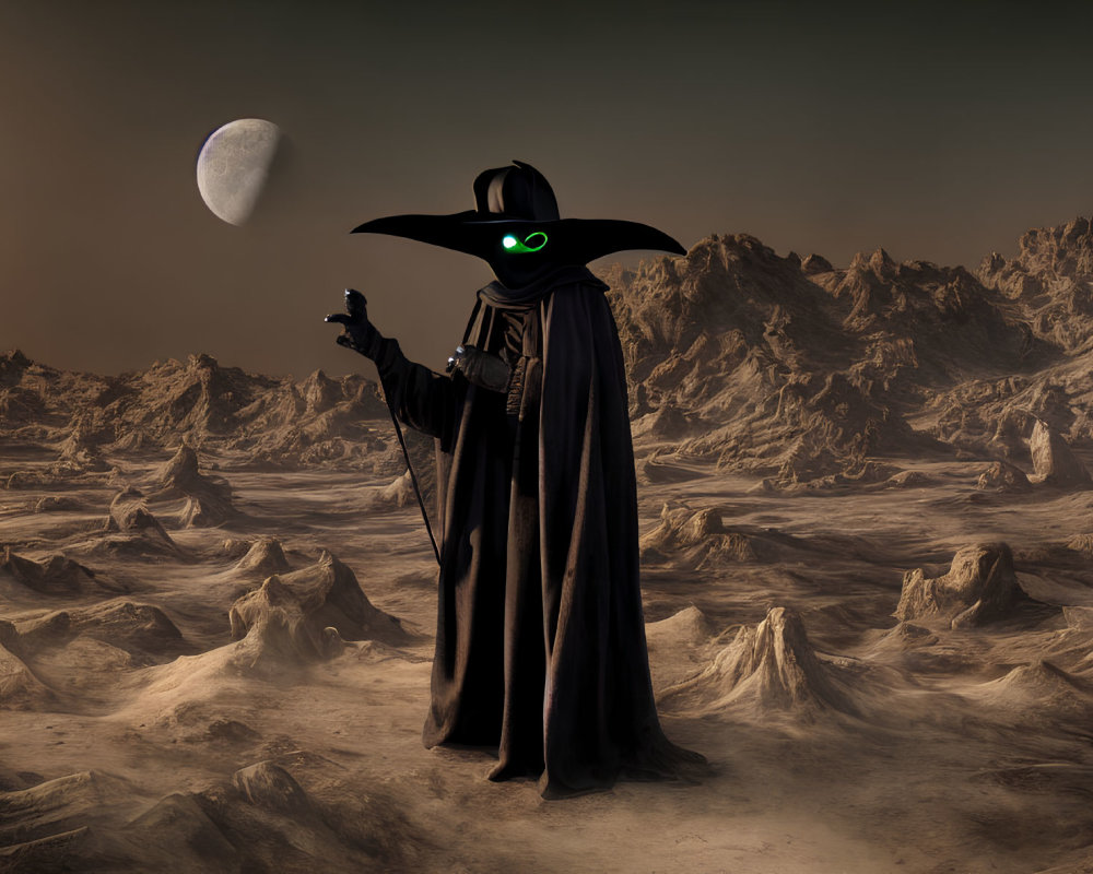 Grim reaper figure on alien landscape with two moons