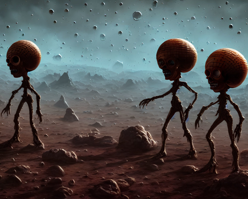 Alien creatures with oversized heads in barren landscape with floating rocks