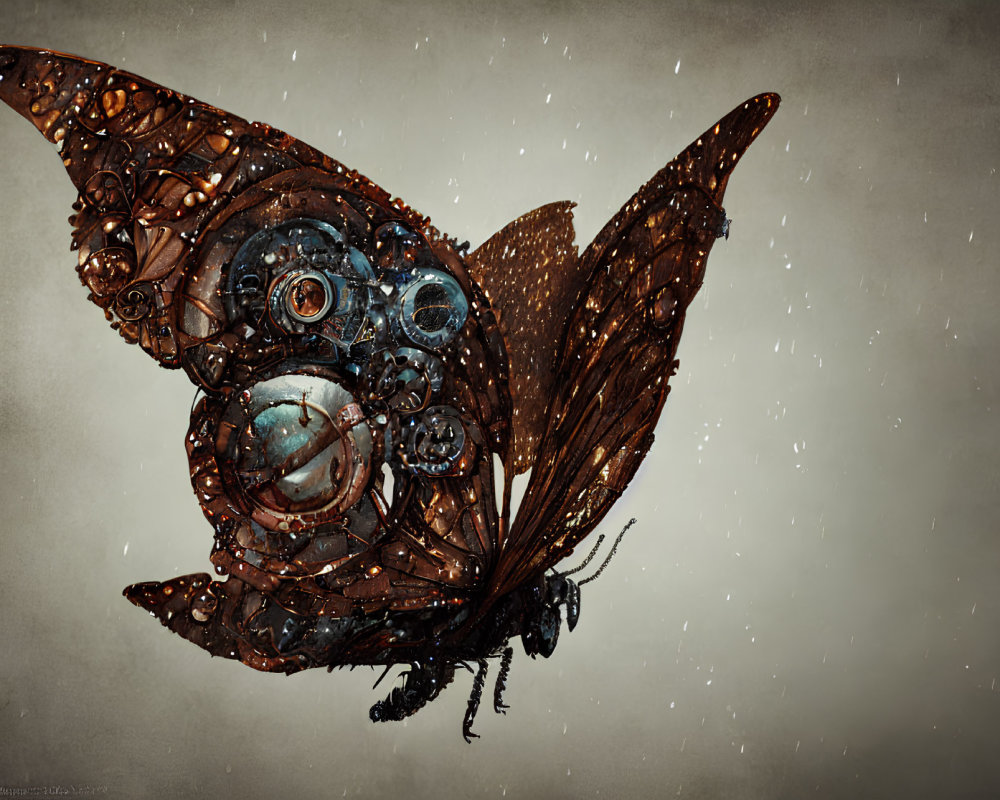 Steampunk mechanical butterfly with metallic wings and gears on textured background.