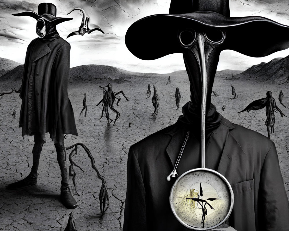 Surreal artwork: Figures in plague doctor masks on cracked landscape with clock overlay