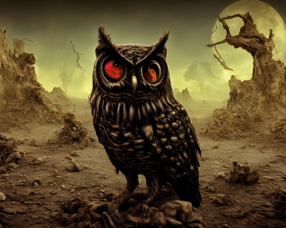 Imposing owl with glowing red eyes in desolate moonlit landscape