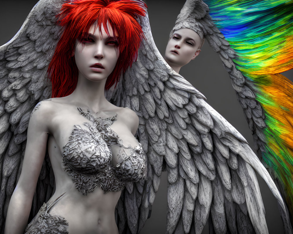 Fantasy figures with wings: one with red hair and colorful wings, the other with pale skin and