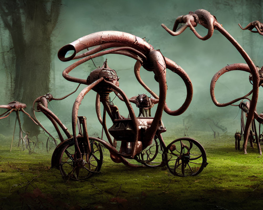 Mechanical insect-like bicycle with tentacles in misty forest.