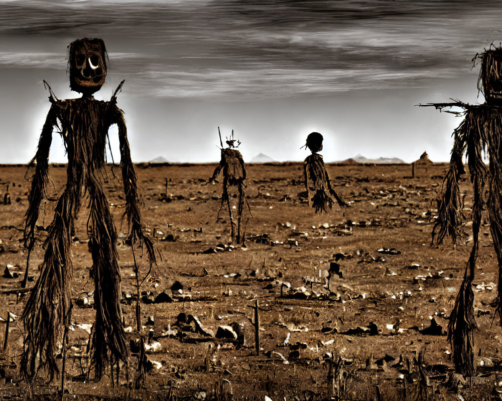 Three large scarecrow figures in desolate landscape under dramatic sky