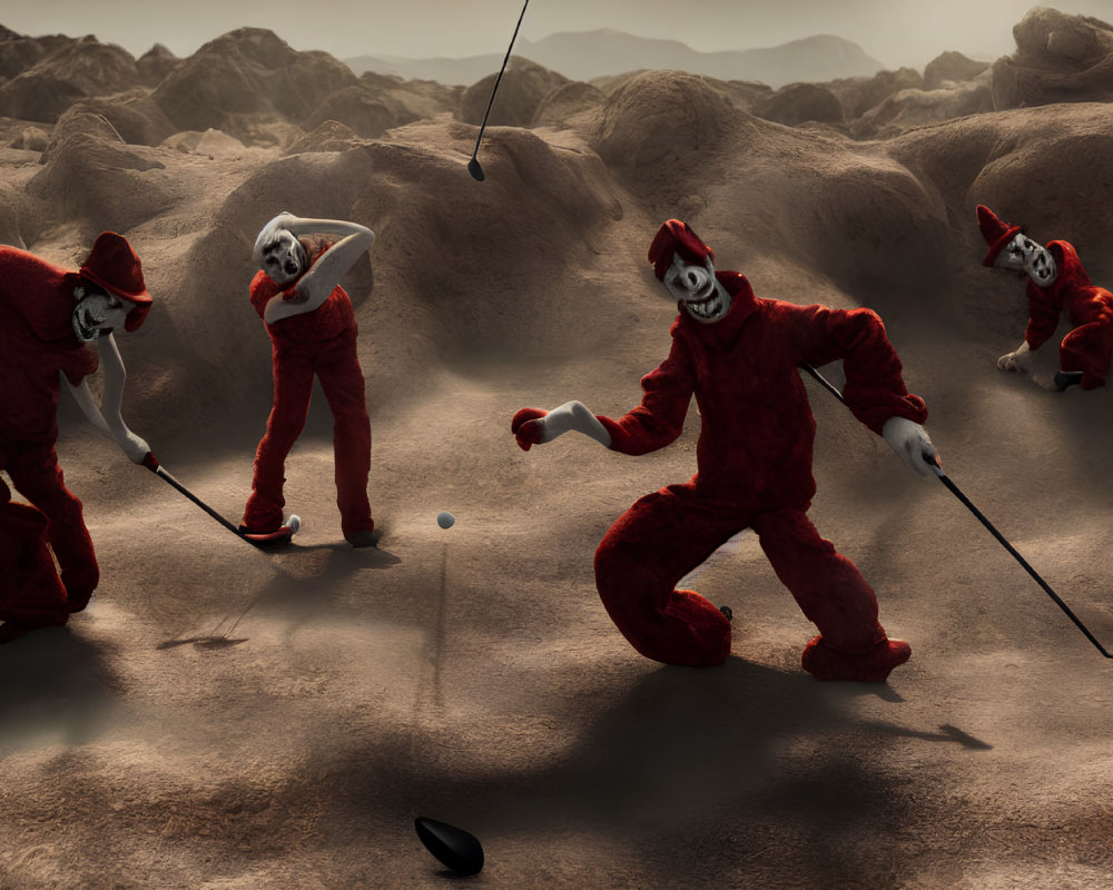 Red jester figures golfing in rocky landscape with playful expressions