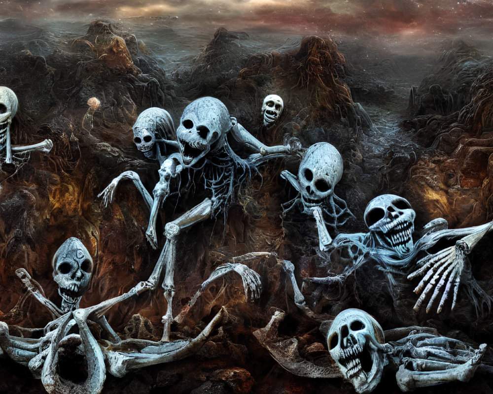 Skeletal figures in desolate rocky terrain under brooding sky