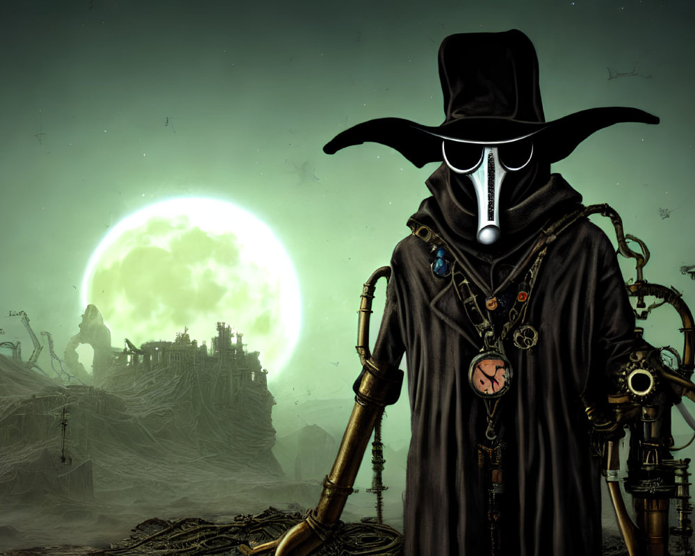 Cloaked figure with wide-brimmed hat and glowing eyes under green moon.