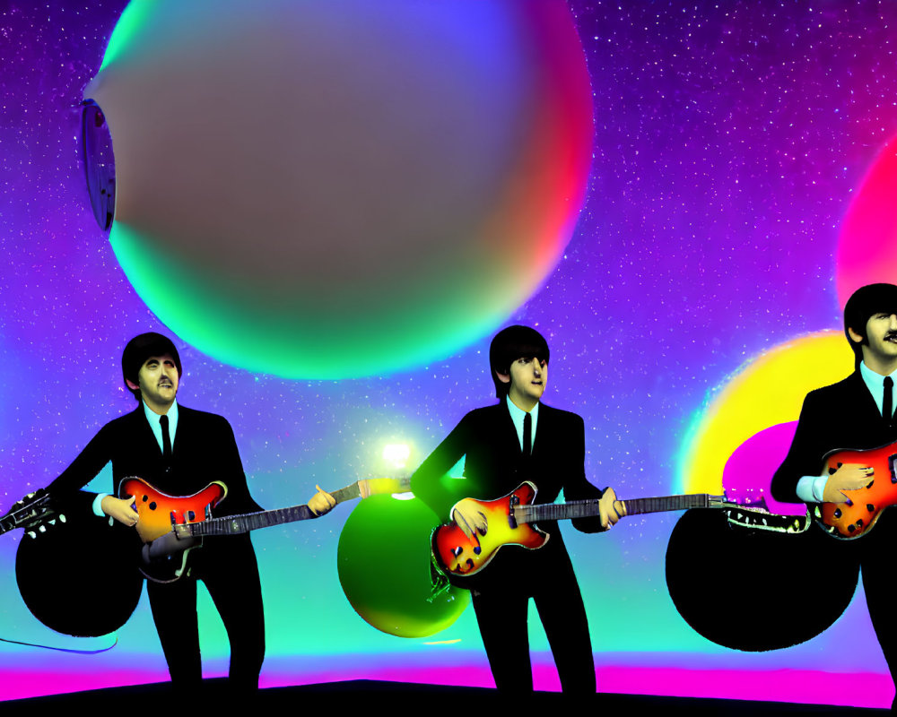 Three animated musicians playing guitars against a cosmic backdrop.