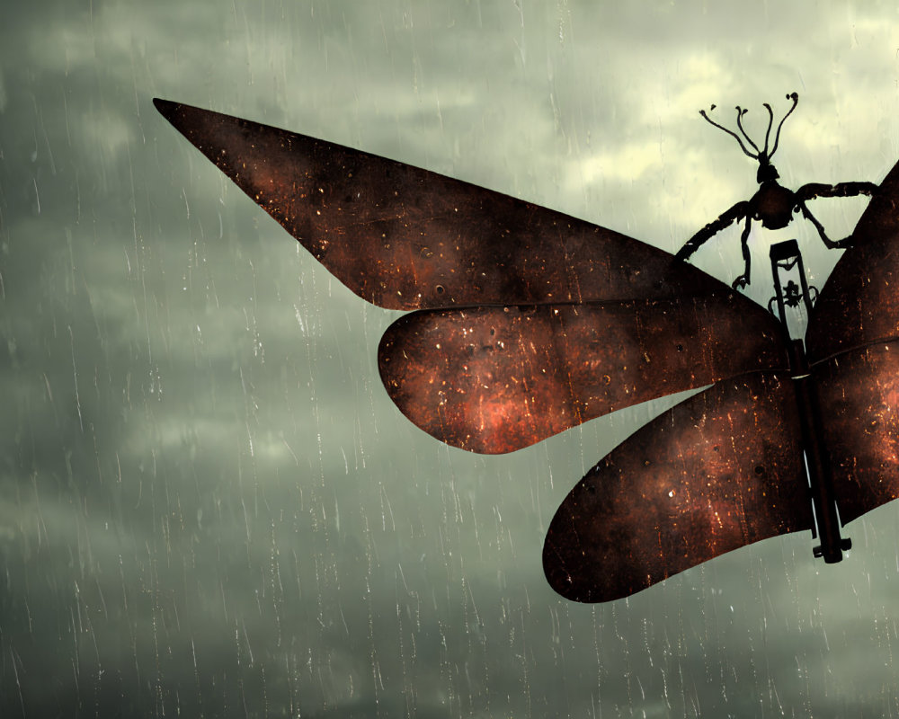 Mechanical dragonfly with rustic wings in rainy sky